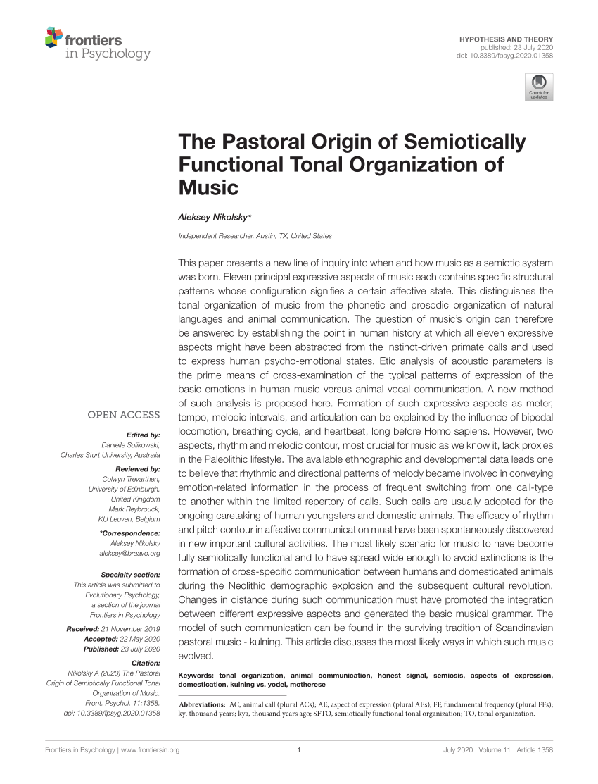 Pdf The Pastoral Origin Of Semiotically Functional Tonal Organization Of Music