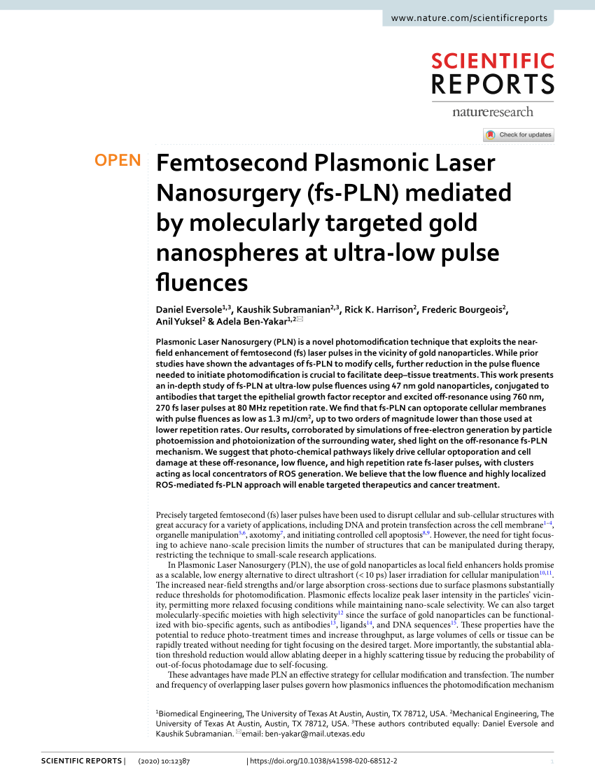Pdf Femtosecond Plasmonic Laser Nanosurgery Fs Pln Mediated By Molecularly Targeted Gold Nanospheres At Ultra Low Pulse Fluences