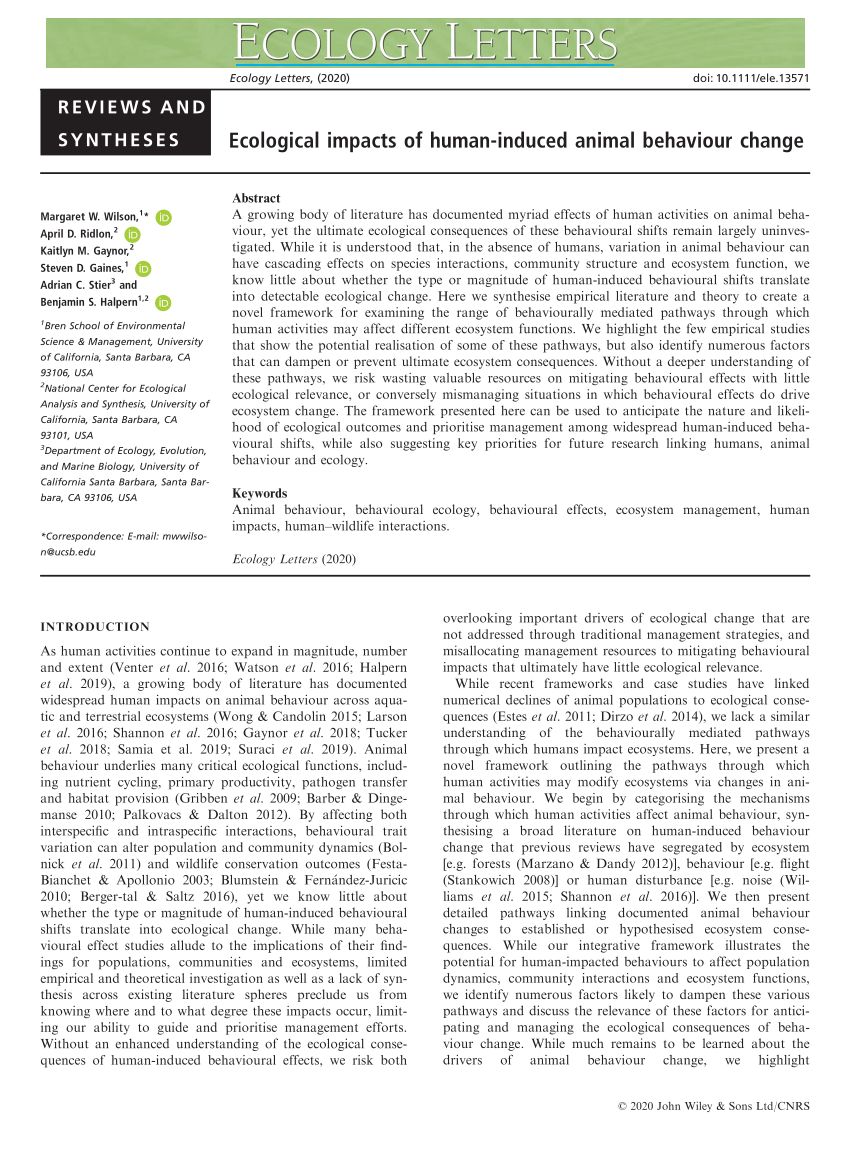 Pdf Ecological Impacts Of Human Induced Animal Behaviour Change