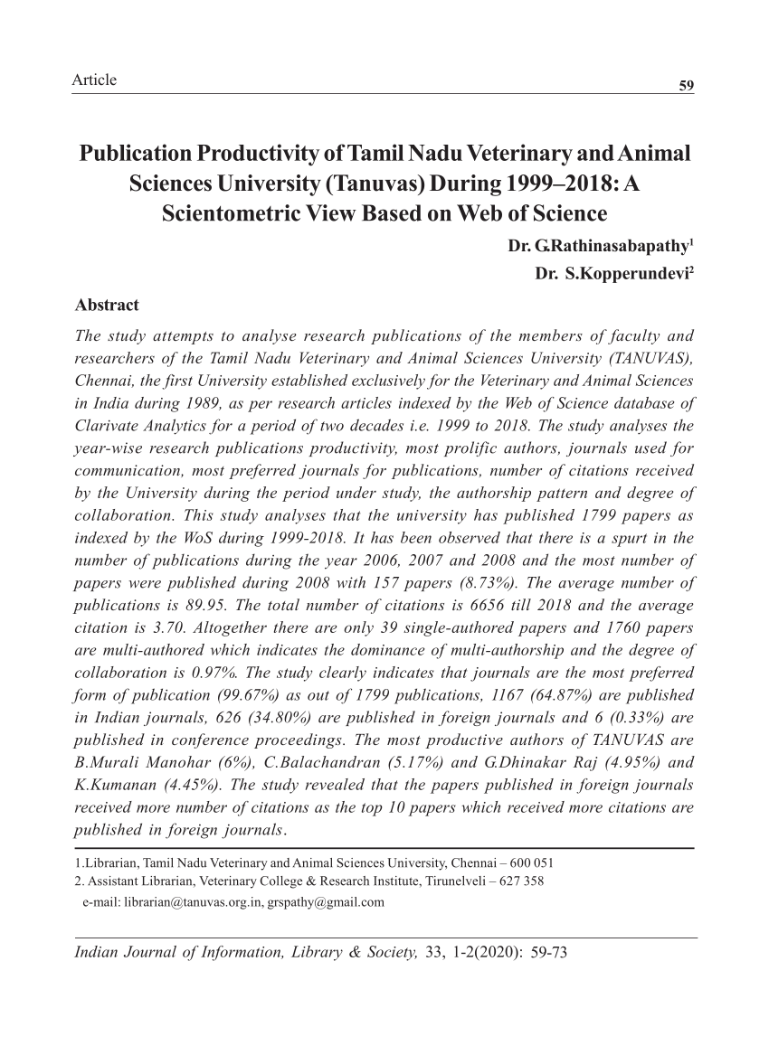 PDF) Publication Productivity of Tamil Nadu Veterinary and Animal Sciences  University (TANUVAS) During 1999–2018: A Scientometric View Based on Web of  Science