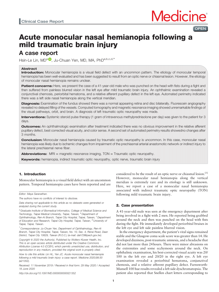 (PDF) Acute monocular nasal hemianopia following a mild traumatic brain ...
