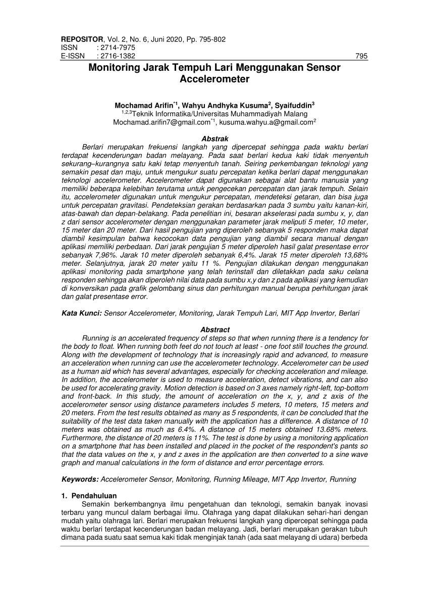 Pdf Monitoring Jarak Tempuh Lari Menggunakan Sensor Accelerometer