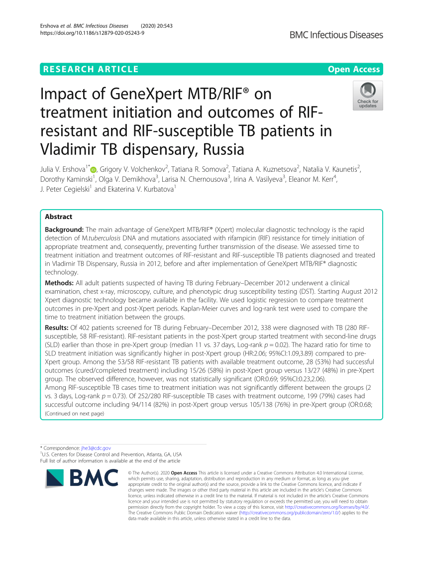 Pdf Impact Of Genexpert Mtb Rif On Treatment Initiation And Outcomes Of Rif Resistant And Rif Susceptible Tb Patients In Vladimir Tb Dispensary Russia