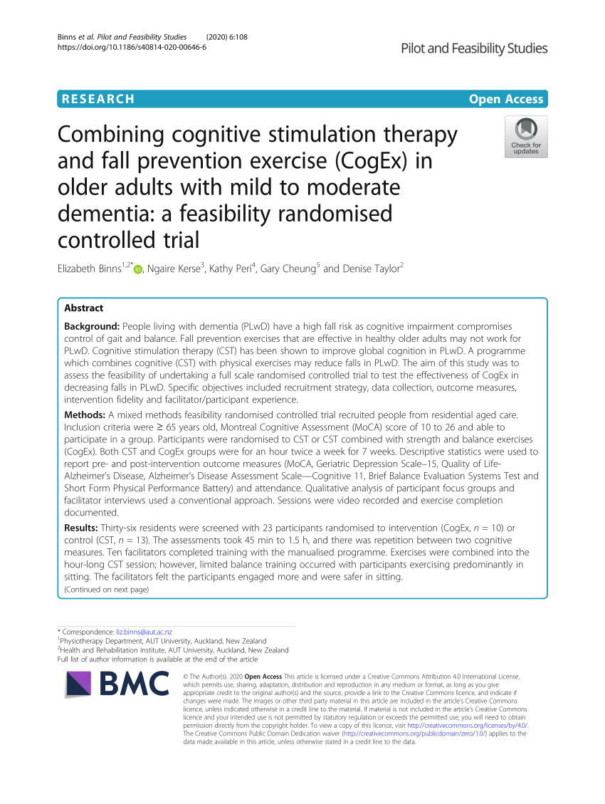 PDF) Combining cognitive stimulation therapy and fall prevention exercise  (CogEx) in older adults with mild to moderate dementia: a feasibility  randomised controlled trial