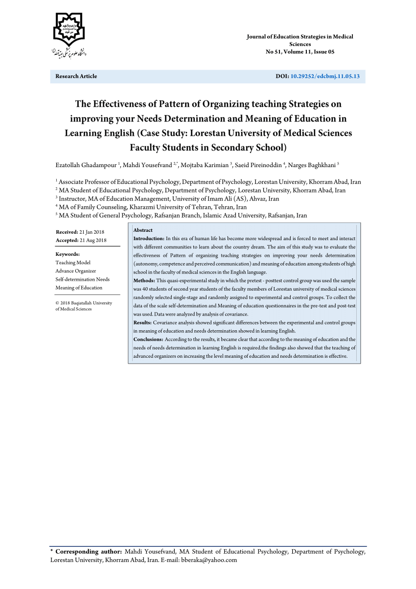 Pdf The Effectiveness Of Pattern Of Organizing Teaching Strategies On Improving Your Needs Determination And Meaning Of Education In Learning English Case Study Lorestan University Of Medical Sciences Faculty Students In Secondary