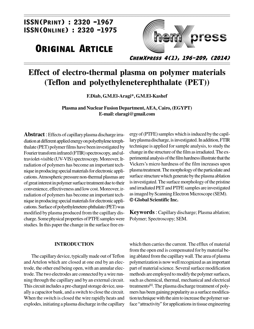 Pdf Effect Of Electro Thermal Plasma On Polymer Materials Teflon And Polyethyleneterephthalate Pet