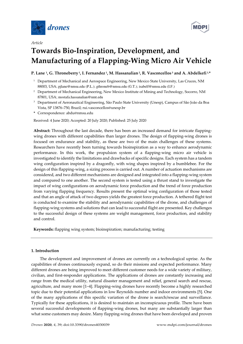 PDF) Towards Bio-Inspiration, Development, and Manufacturing of a Flapping-Wing  Micro Air Vehicle