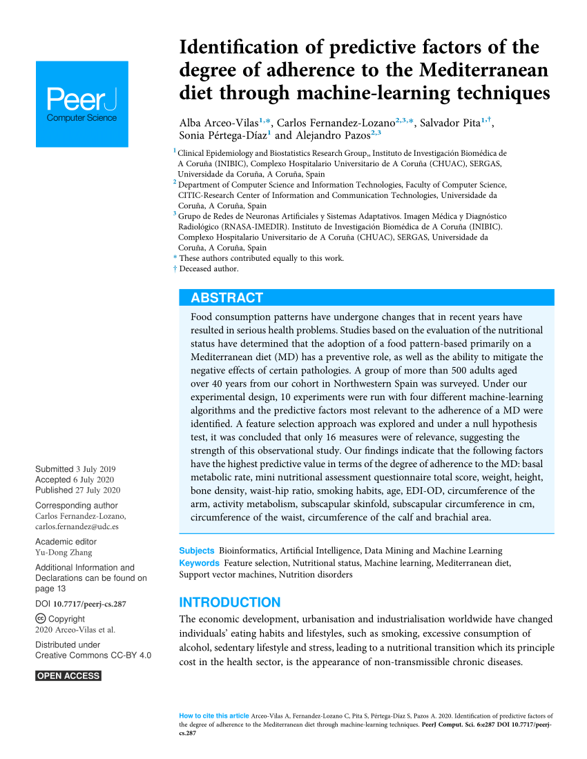 Pdf Identification Of Predictive Factors Of The Degree Of Adherence To The Mediterranean Diet Through Machine Learning Techniques