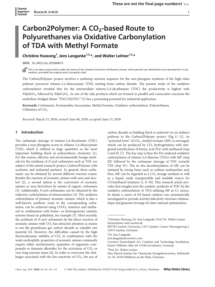 Pdf Carbon2polymer A Co 2 Based Route To Polyurethanes Via Oxidative Carbonylation Of Tda With Methyl Formate