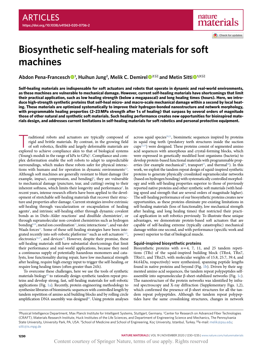 biosynthetic self healing materials for soft machines request pdf