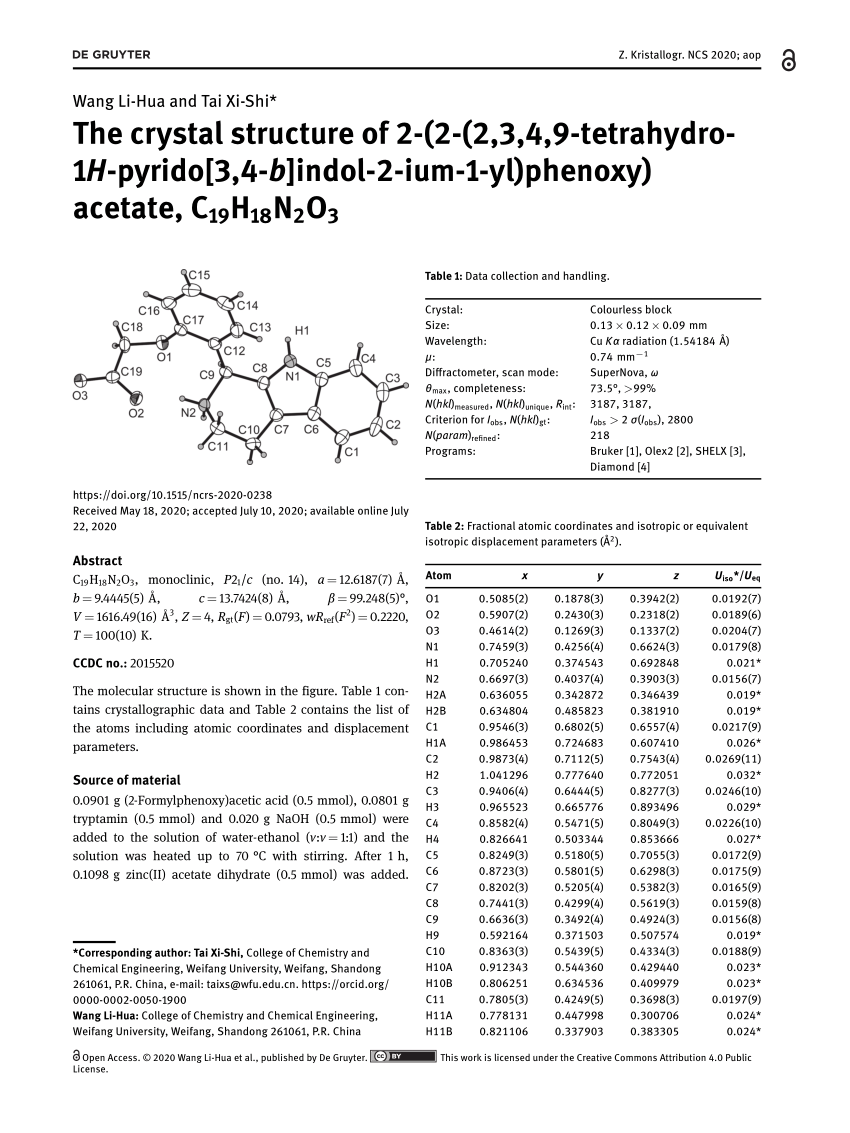 Pdf The Crystal Structure Of 2 2 2 3 4 9 Tetrahydro 1h Pyrido 3 4 B Indol 2 Ium 1 Yl Phenoxy Acetate C19h18n2o3