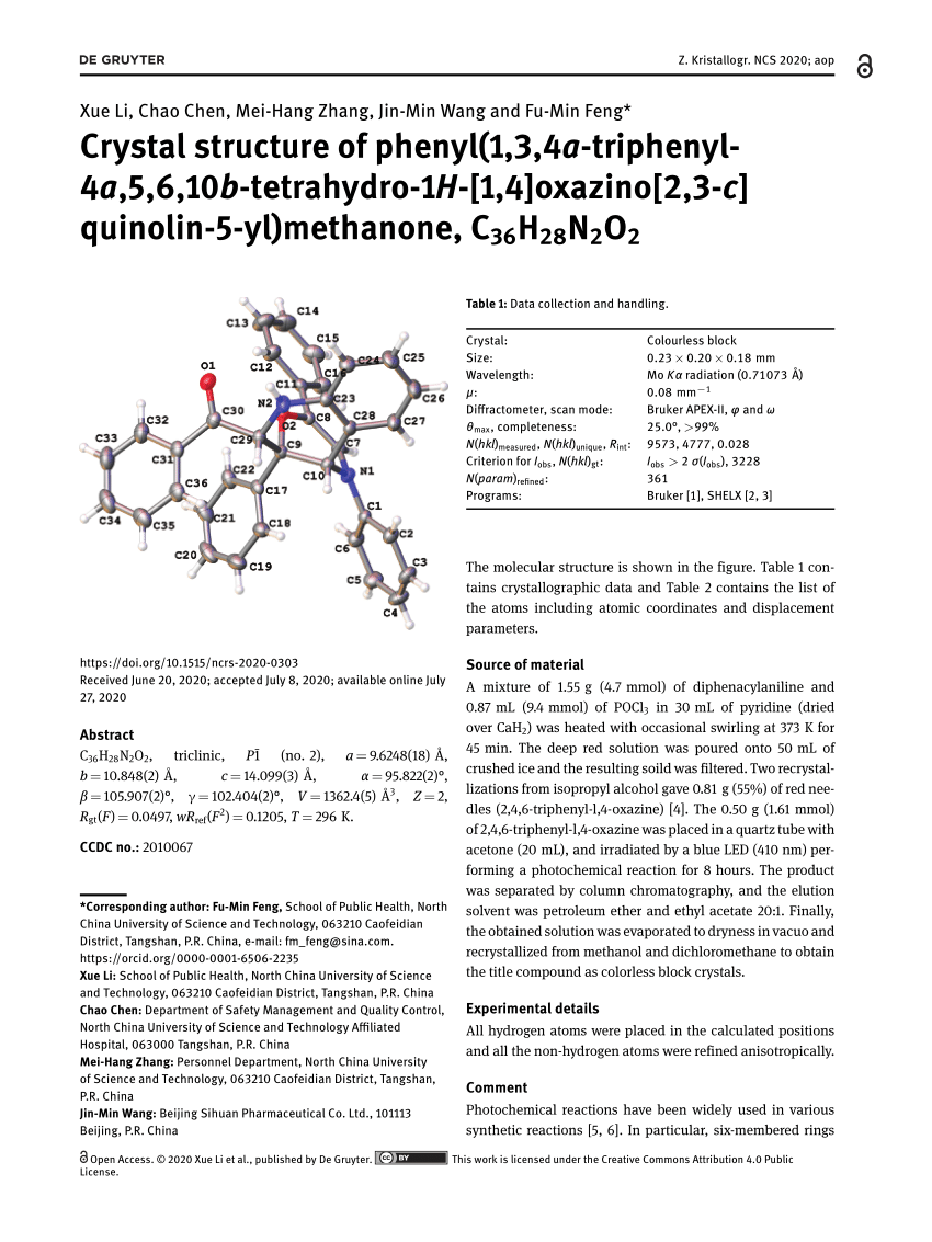 Pdf Crystal Structure Of Phenyl 1 3 4a Triphenyl 4a 5 6 10b Tetrahydro 1h 1 4 Oxazino 2 3 C Quinolin 5 Yl Methanone C36h28n2o2
