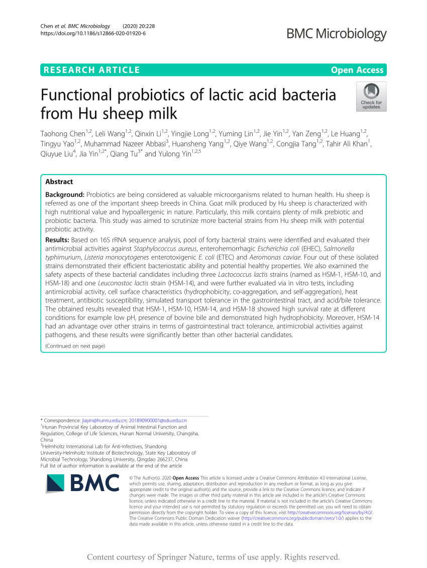 Pdf Functional Probiotics Of Lactic Acid Bacteria From Hu Sheep Milk