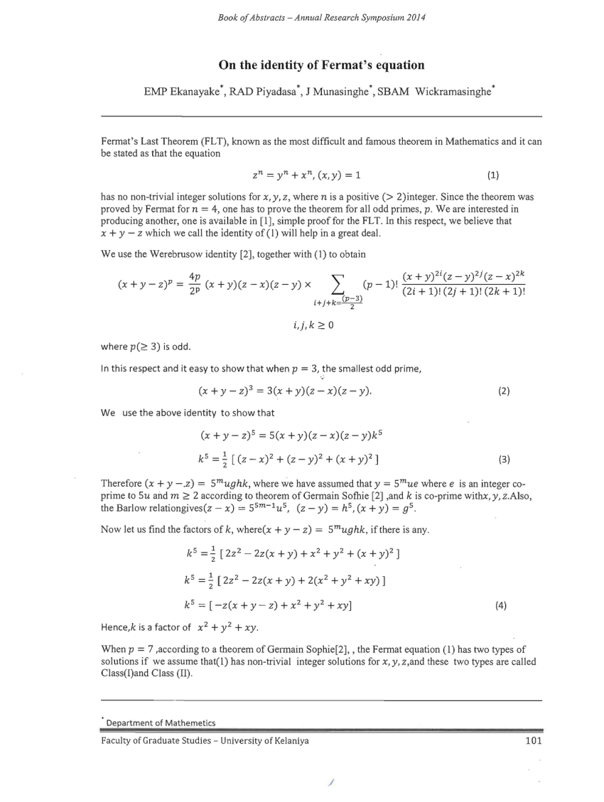 Pdf On The Identity Of Fermat S Equation
