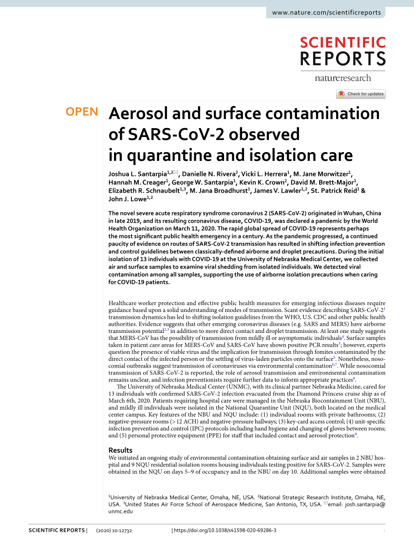 Pdf Aerosol And Surface Contamination Of Sars Cov 2 Observed In Quarantine And Isolation Care