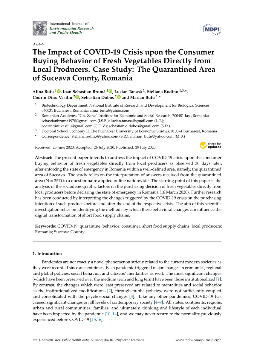 Pdf The Impact Of Covid 19 Crisis Upon The Consumer Buying Behavior Of Fresh Vegetables Directly From Local Producers Case Study The Quarantined Area Of Suceava County Romania
