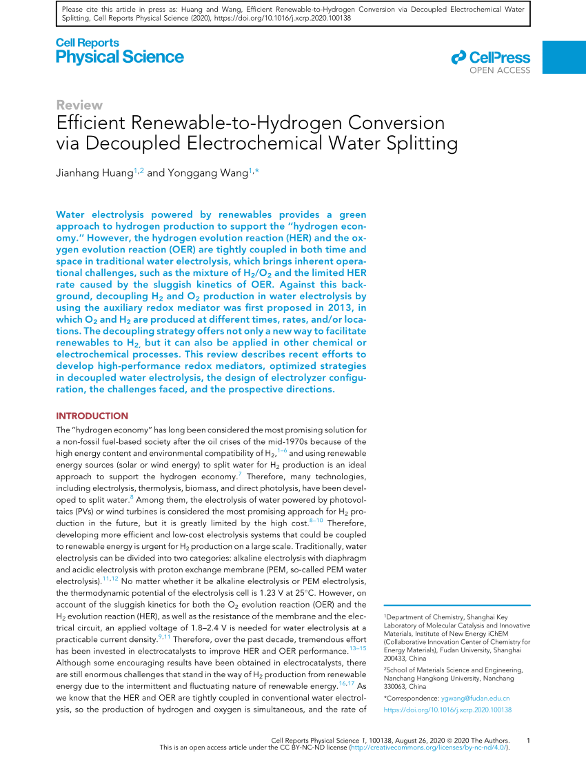 Pdf Efficient Renewable To Hydrogen Conversion Via Decoupled Electrochemical Water Splitting