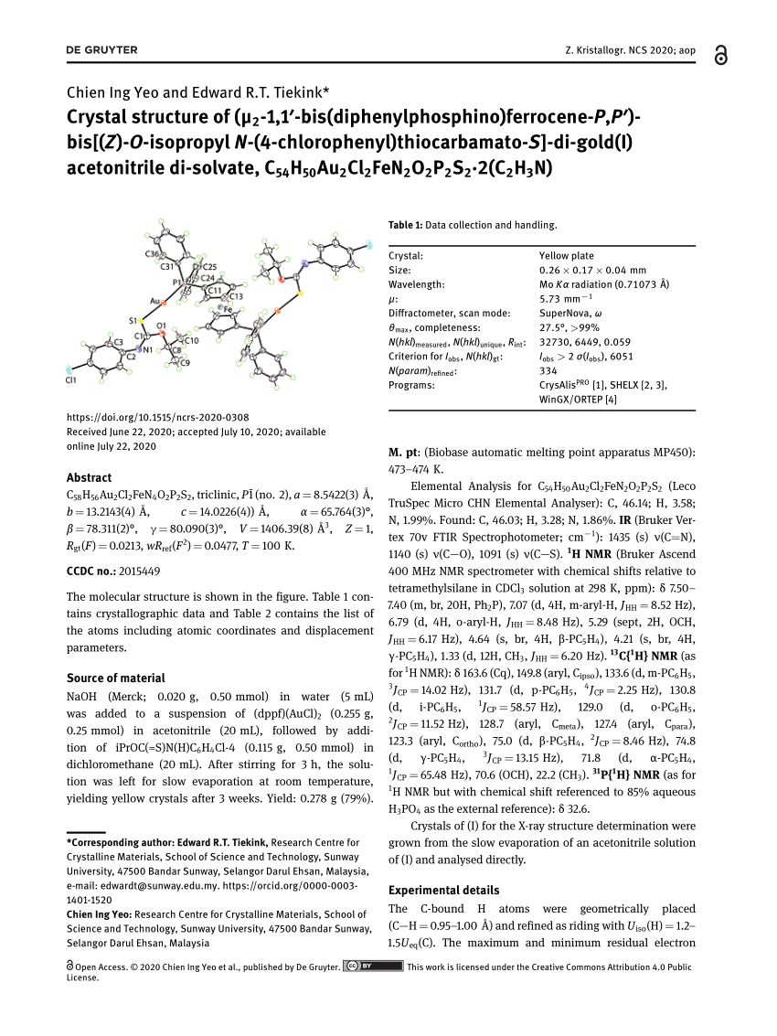Pdf Crystal Structure Of M2 1 1 Bis Diphenylphosphino Ferrocene P P Bis Z O Isopropyl N 4 Chlorophenyl Thiocarbamato S Di Gold I Acetonitrile Di Solvate C54h50au2cl2fen2o2p2s2 2 C2h3n