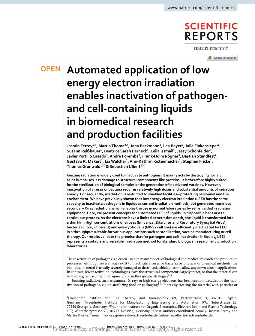 tekst Bemærk grus PDF) Automated application of low energy electron irradiation enables  inactivation of pathogen- and cell-containing liquids in biomedical  research and production facilities