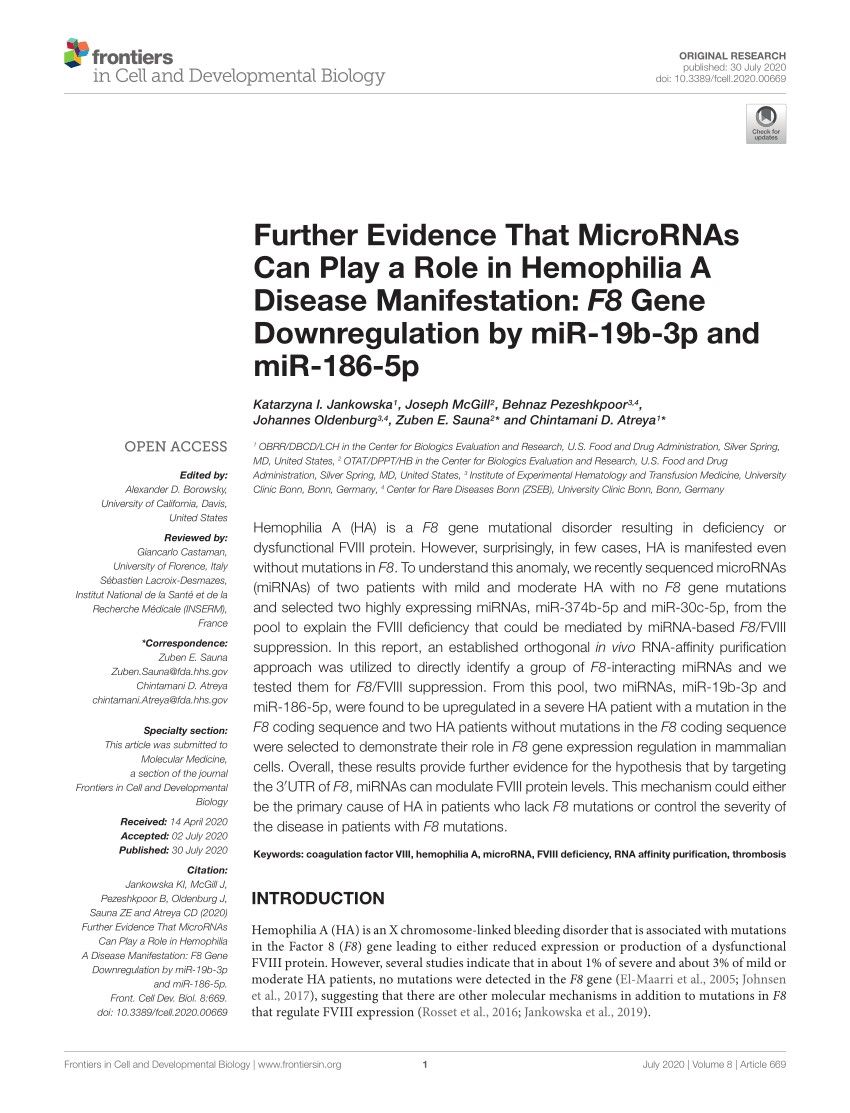 Pdf Further Evidence That Micrornas Can Play A Role In Hemophilia A Disease Manifestation F8