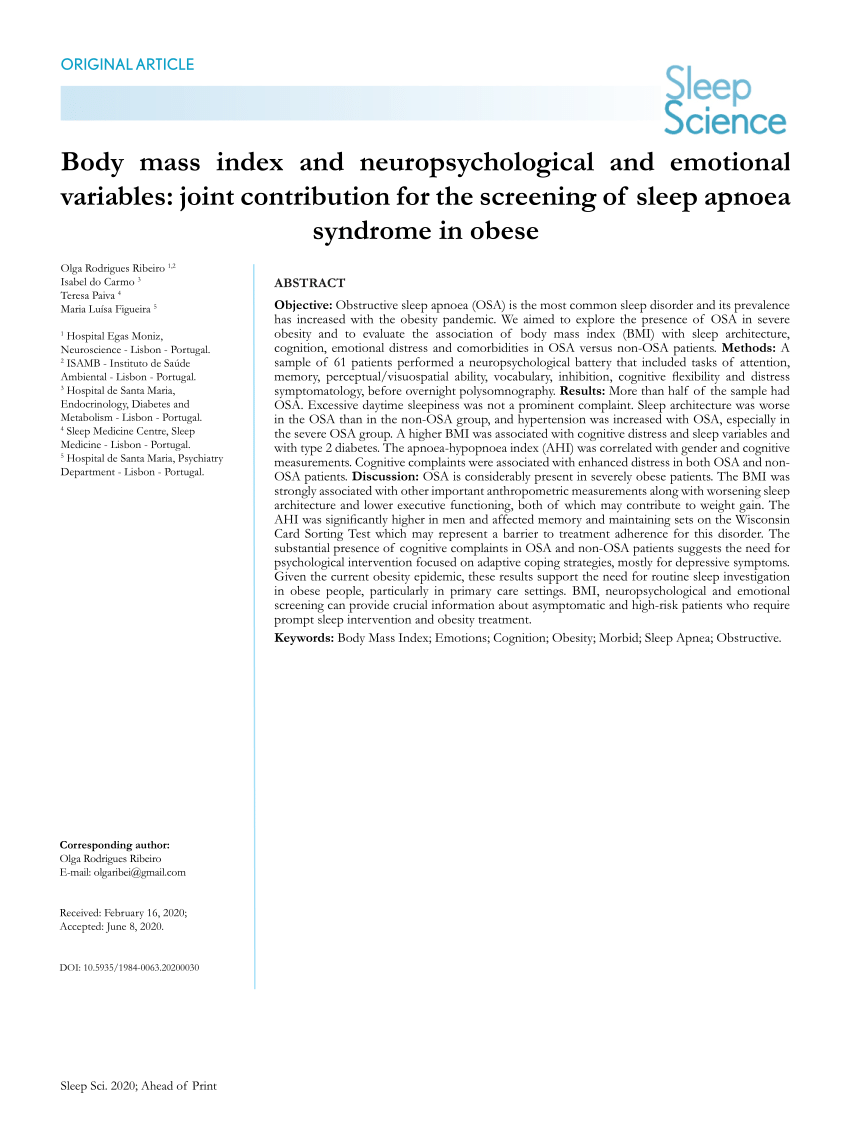 Pdf Body Mass Index And Neuropsychological And Emotional Variables Joint Contribution For The Screening Of Sleep Apnoea Syndrome In Obese