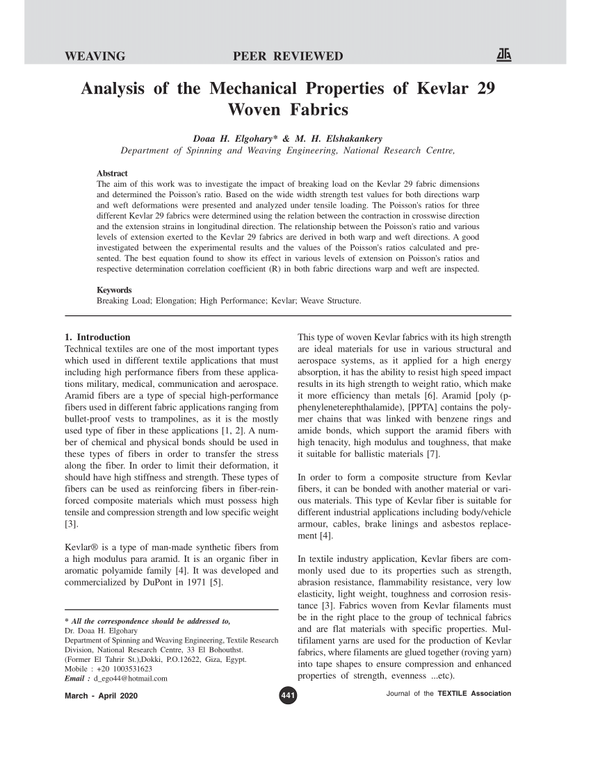 PDF) Analysis of the Mechanical Properties of Kevlar 29 Woven Fabrics