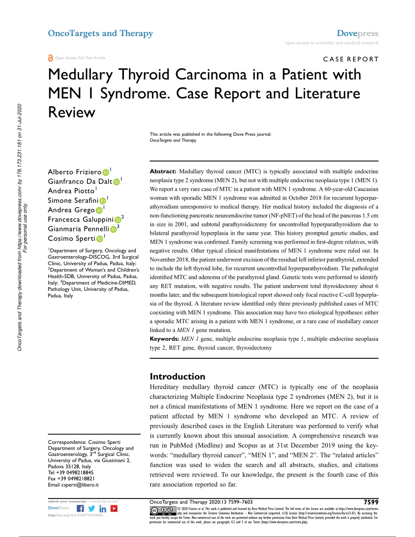 Pdf Medullary Thyroid Carcinoma In A Patient With Men 1 Syndrome