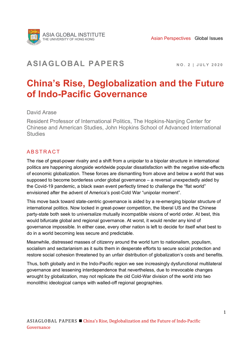 Pdf China S Rise Deglobalization And The Future Of Indo Pacific Governance