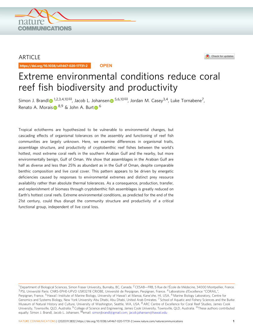(PDF) Extreme environmental conditions reduce coral reef fish biodiversity  and productivity