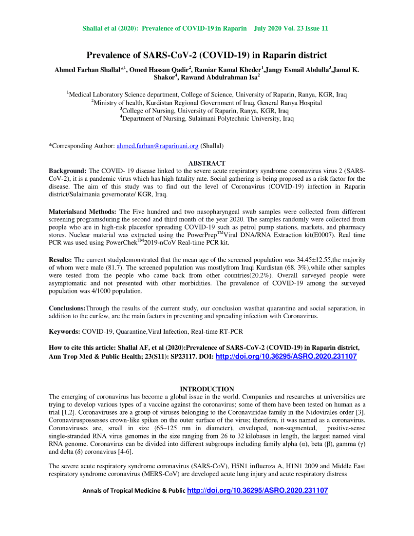 PDF Prevalence of SARS CoV 2 COVID 19 in Raparin district 