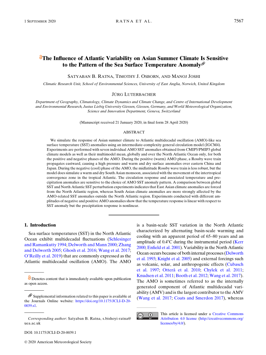 Pdf The Influence Of Atlantic Variability On Asian Summer Climate Is Sensitive To The Pattern Of The Sea Surface Temperature Anomaly