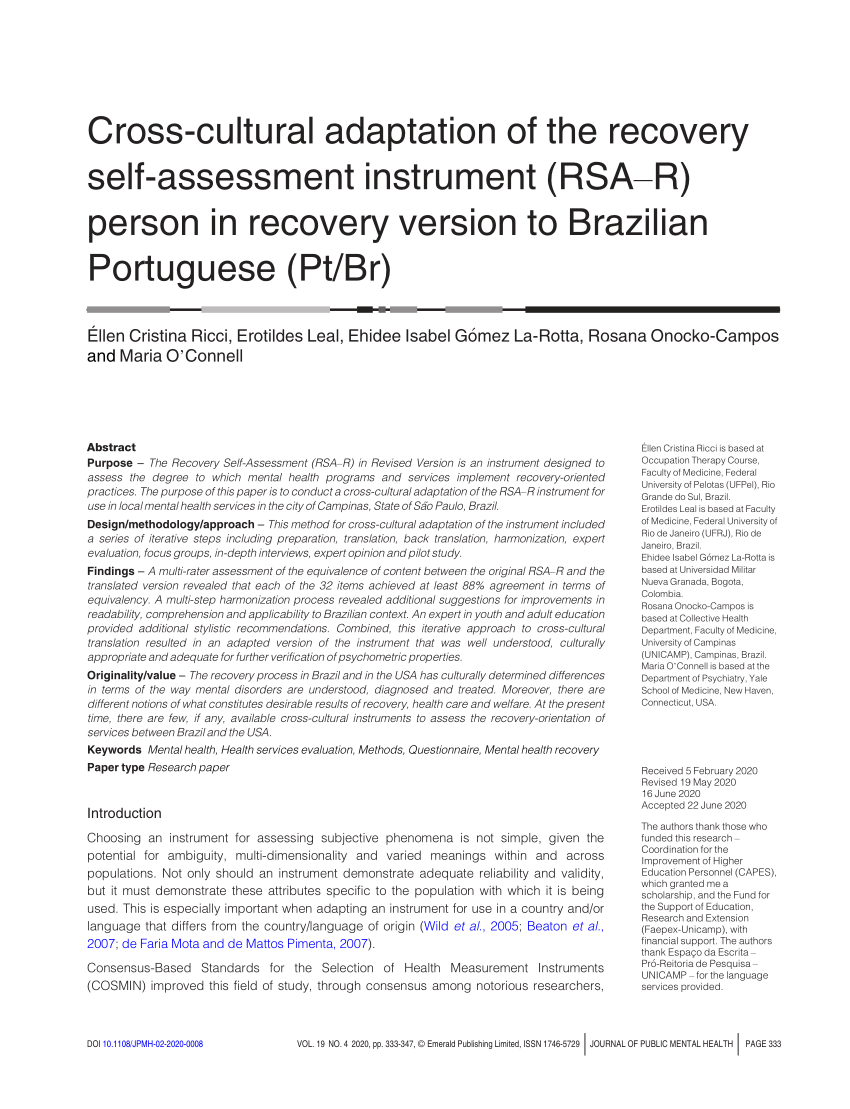 PDF) Cross-cultural adaptation of the recovery self-assessment