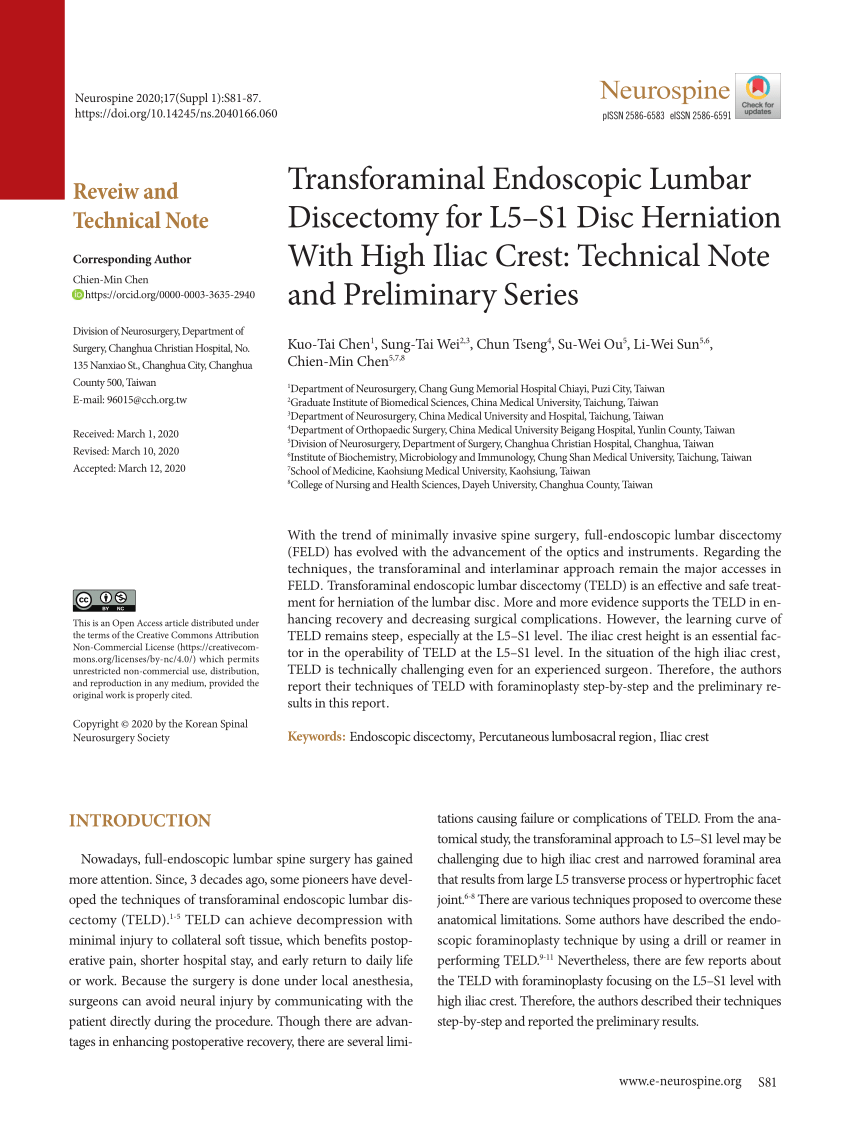 Pdf Transforaminal Endoscopic Lumbar Discectomy For L5s1 Disc Herniation With High Iliac 