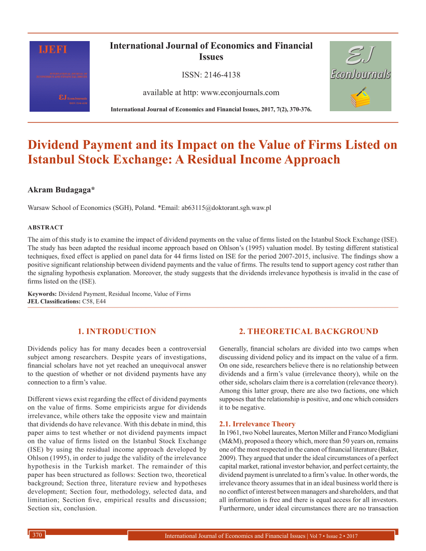 pdf dividend payment and its impact on the value of firms listed on istanbul stock exchange a residual income approach