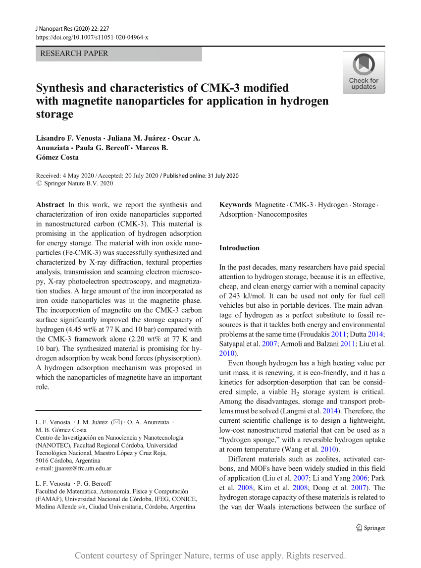 Synthesis And Characteristics Of Cmk 3 Modified With Magnetite Nanoparticles For Application In Hydrogen Storage Request Pdf