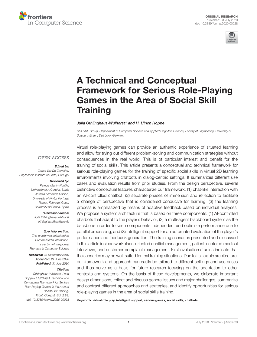 Pdf A Technical And Conceptual Framework For Serious Role Playing Games In The Area Of Social Skill Training