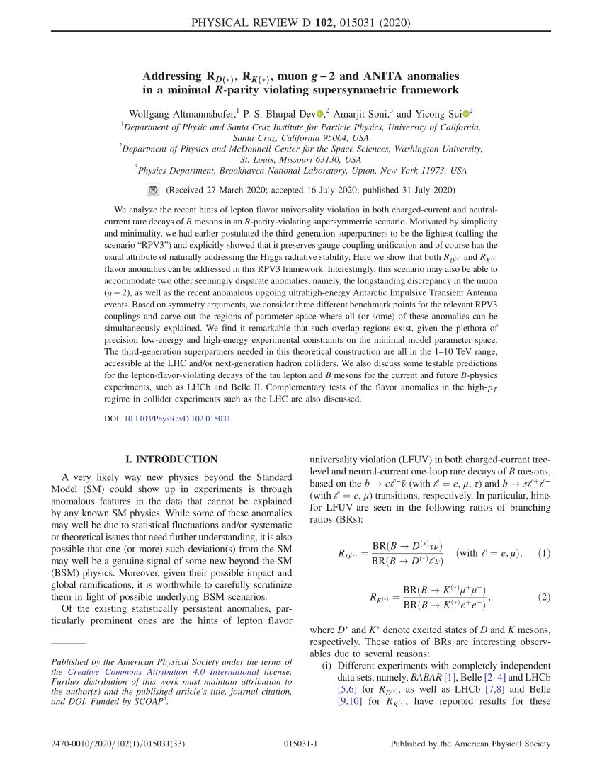 Pdf Addressing R D R K Muon G 2 And Anita Anomalies In A Minimal R Parity Violating Supersymmetric Framework