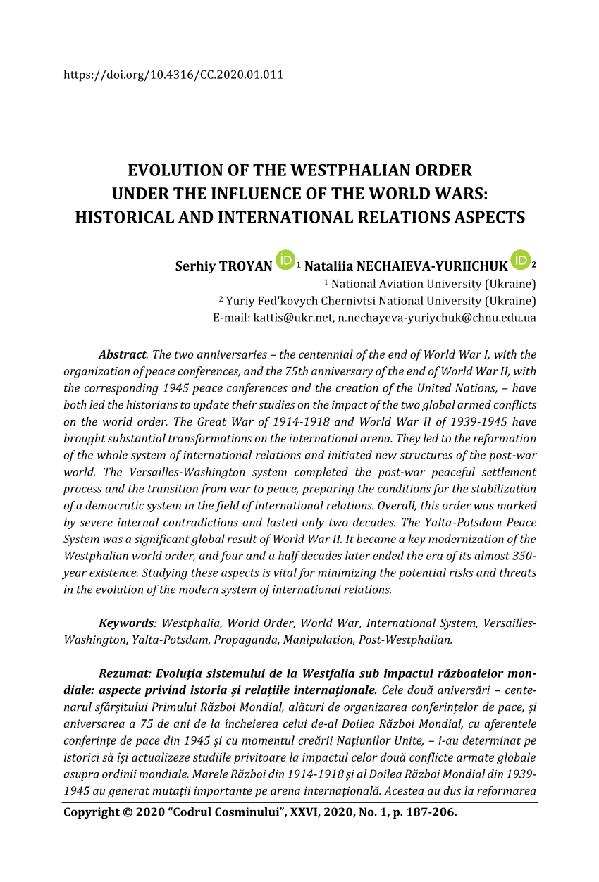 Pdf Evolution Of The Westphalian Order Under The Influence Of The World Wars Historical And International Relations Aspects