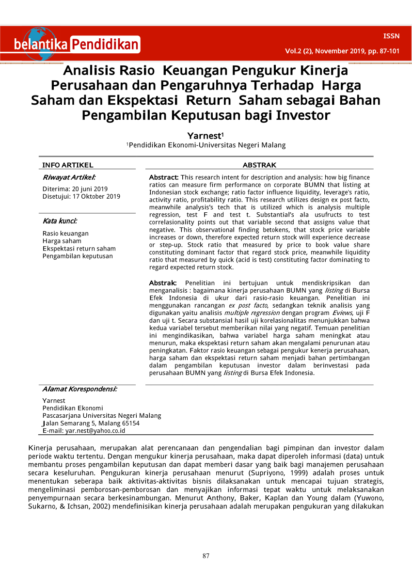 Pdf Analisis Rasio Keuangan Pengukur Kinerja Perusahaan Dan Pengaruhnya Terhadap Harga Saham 4468