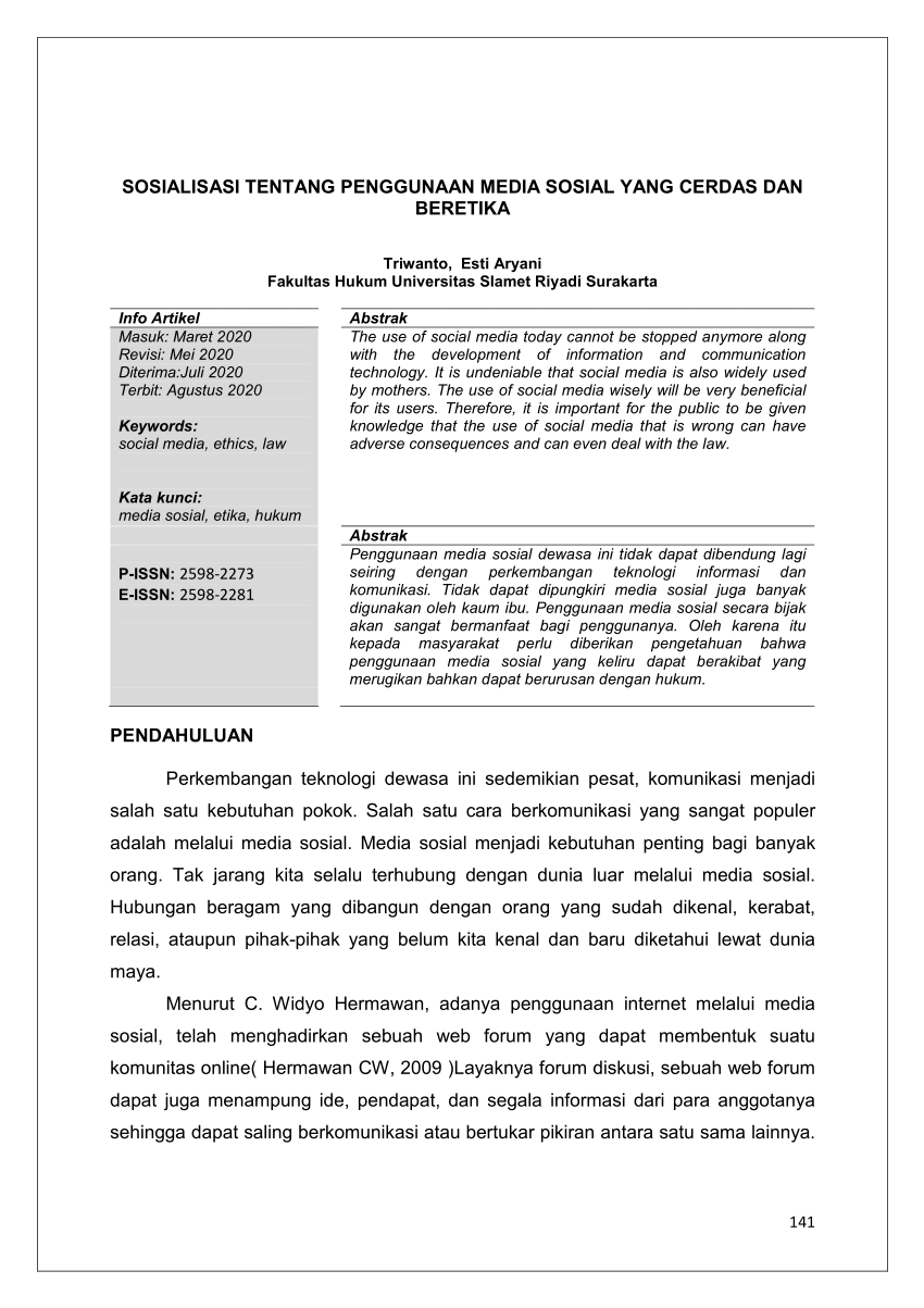 PDF) SOSIALISASI TENTANG PENGGUNAAN MEDIA SOSIAL YANG CERDAS DAN 