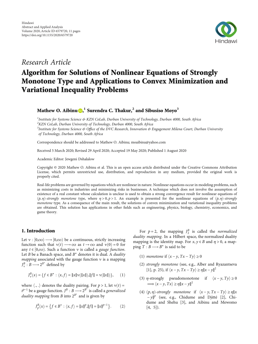 Pdf Algorithm For Solutions Of Nonlinear Equations Of Strongly Monotone Type And Applications To Convex Minimization And Variational Inequality Problems