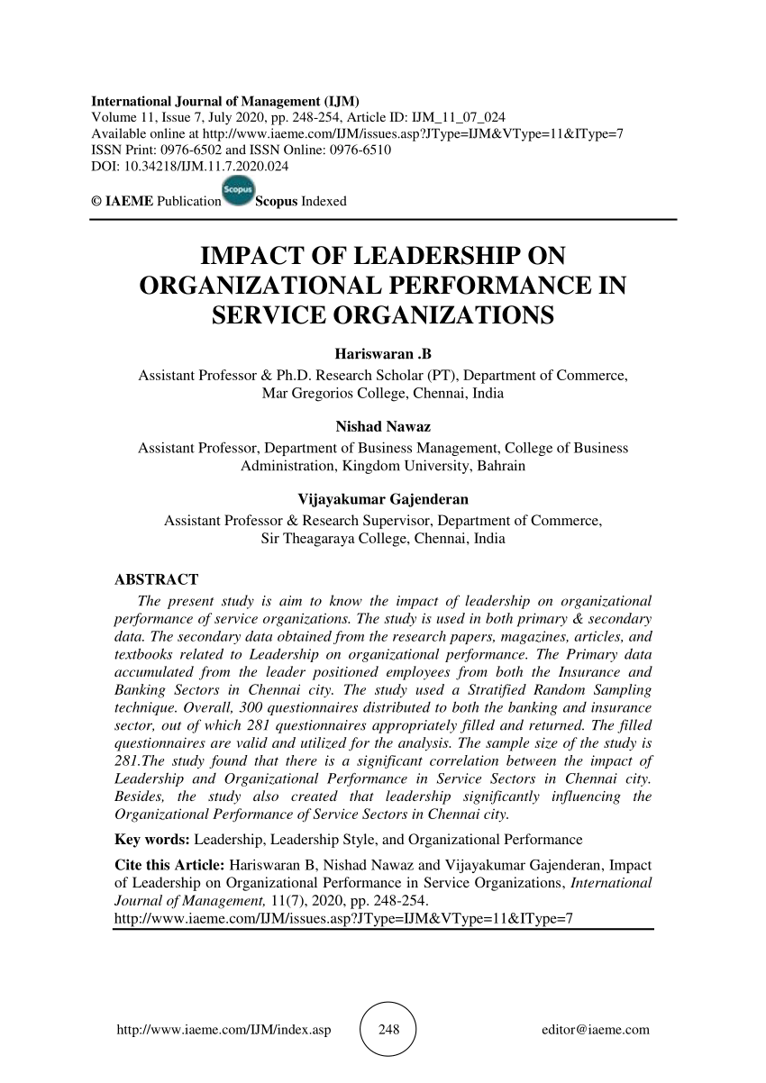 (PDF) IMPACT OF LEADERSHIP ON ORGANIZATIONAL PERFORMANCE IN SERVICE