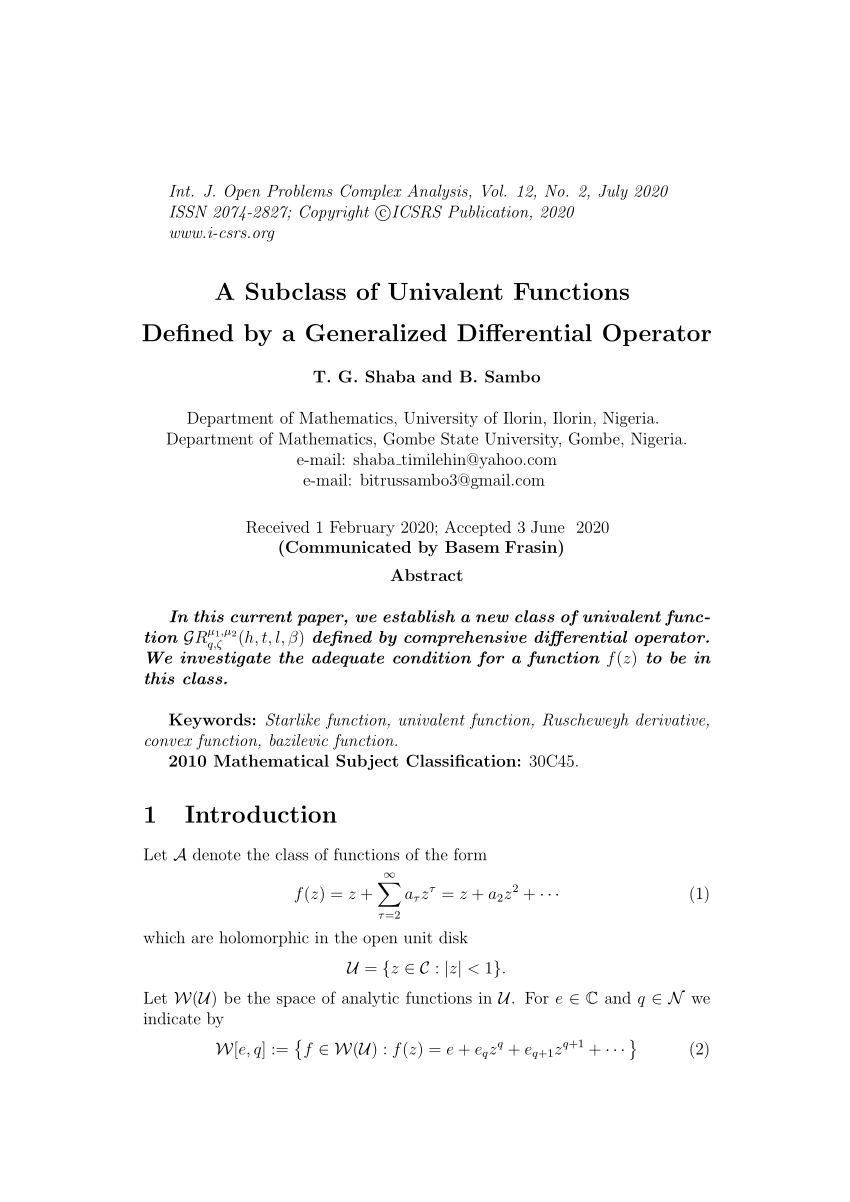 Pdf A Subclass Of Univalent Functions Defined By A Generalized Differential Operator