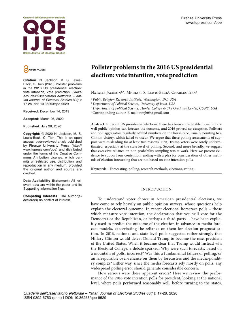 Pdf Pollster Problems In The 16 Us Presidential Election Vote Intention Vote Prediction