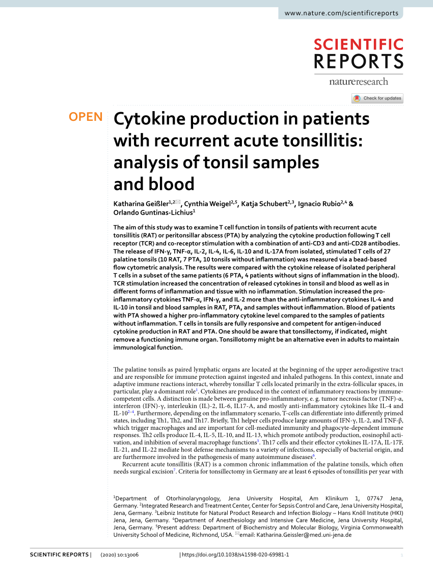 PDF] Immunoregulatory cytokines and chronic tonsillitis