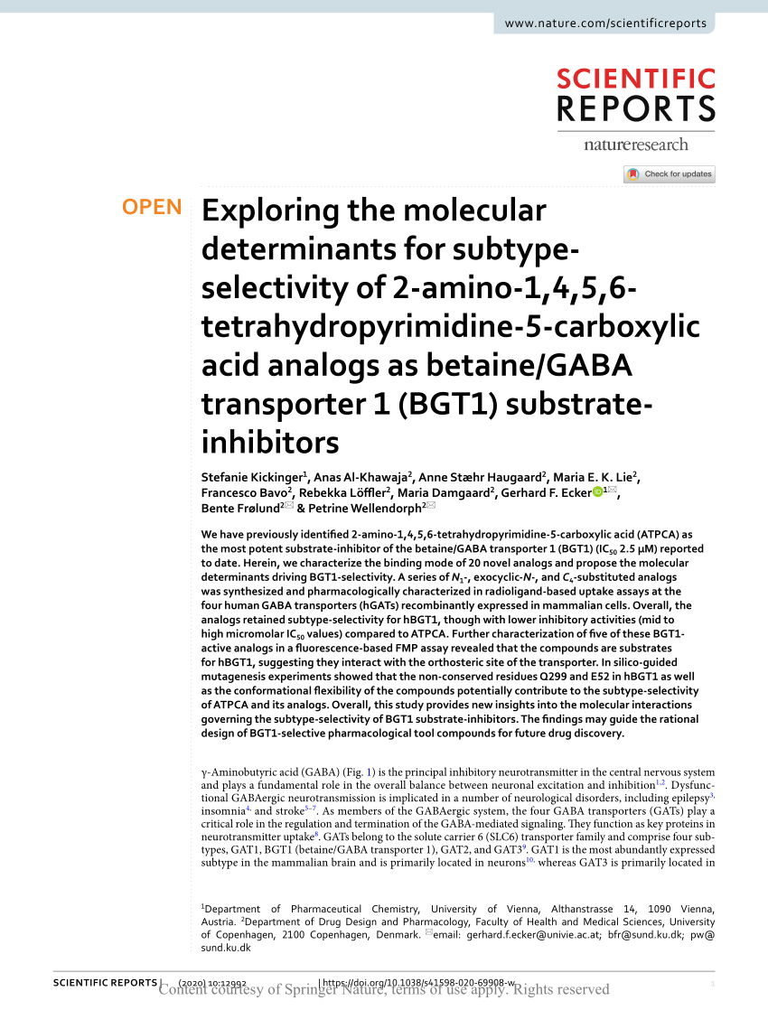 PDF) the molecular determinants subtype-selectivity 2-amino-1,4,5,6-tetrahydropyrimidine-5-carboxylic acid analogs as betaine/GABA transporter 1 (BGT1) substrate-inhibitors