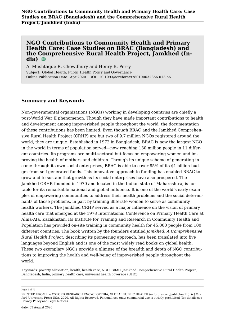 PDF) NGO Contributions to Community Health and Primary Health Care: Case  Studies on BRAC (Bangladesh) and the Comprehensive Rural Health Project,  Jamkhed (India)