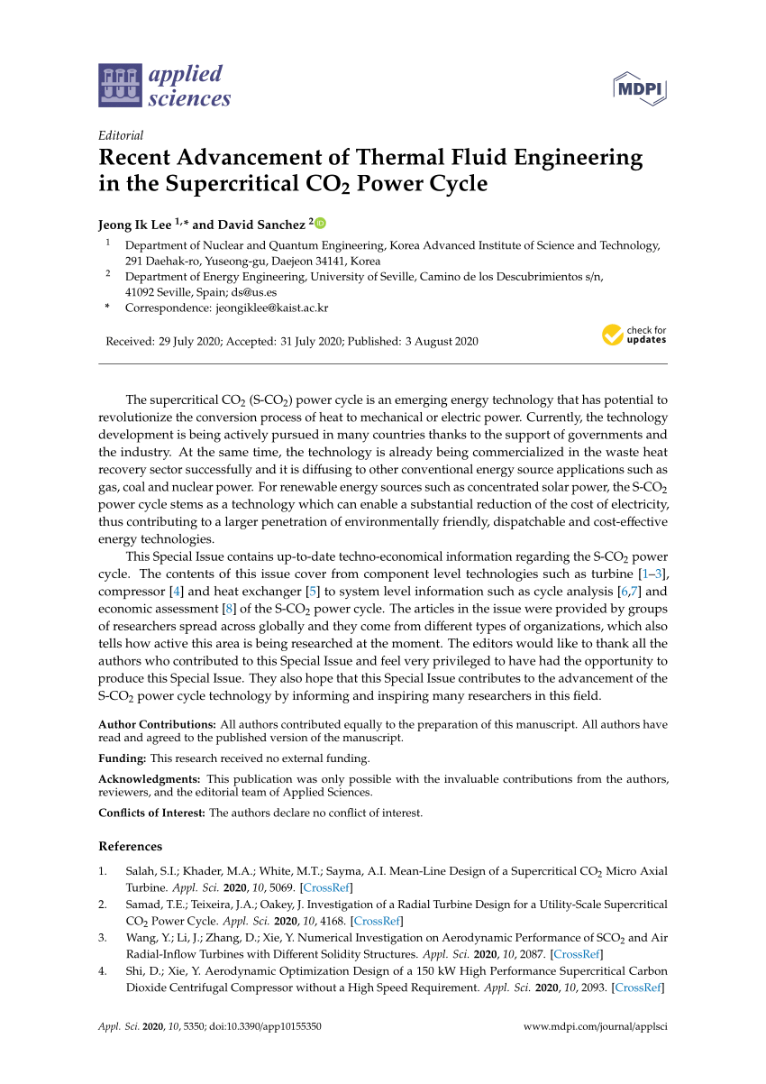 Pdf Recent Advancement Of Thermal Fluid Engineering In The Supercritical Co2 Power Cycle