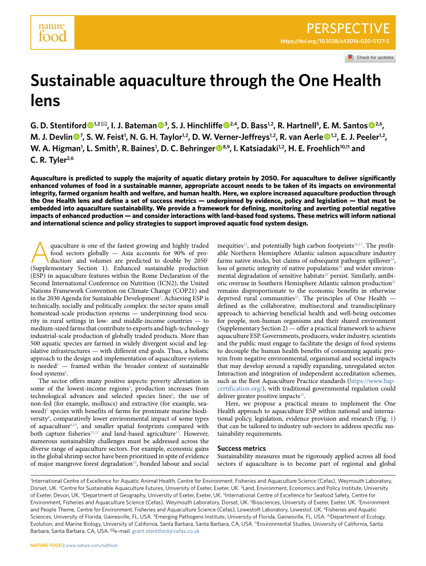 Pdf Sustainable Aquaculture Through The One Health Lens