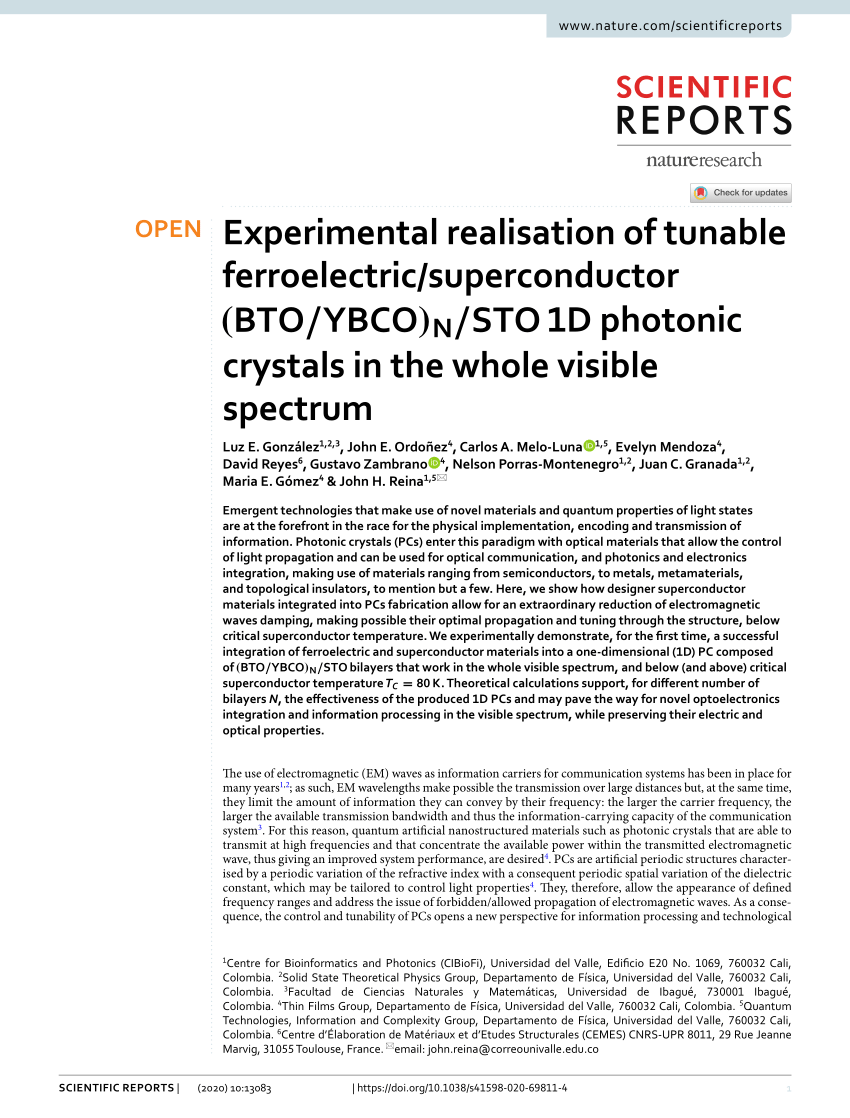 Pdf Experimental Realisation Of Tunable Ferroelectric Superconductor Bto Ybco N Sto 1d Photonic Crystals In The Whole Visible Spectrum